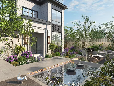 Modern Garden Landscape With Architecture Purple Flowers Water Fountain And Outdoor Seating 3d model