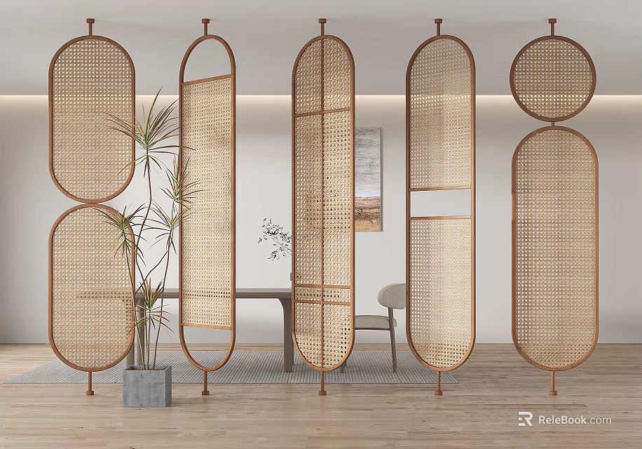 Elegant Rattan Room Dividers In Modern Interior Design With Unique Shapes And Living Space Elements 3d model 