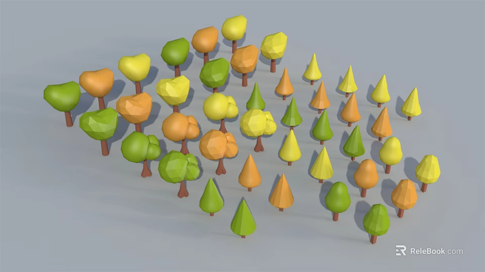 Cartoon Scene With Colorful Trees In Various Shapes And Brown Trunks 3d model 