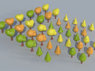 Cartoon Scene With Colorful Trees In Various Shapes And Brown Trunks 3d model