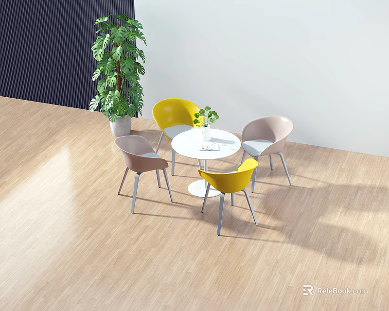 Modern Round Table And Chairs Set With Yellow Pink Seats Potted Plant On Wooden Floor 3d model 