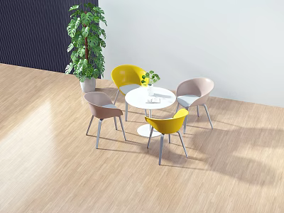 Modern Round Table And Chairs Set With Yellow Pink Seats Potted Plant On Wooden Floor 3d model
