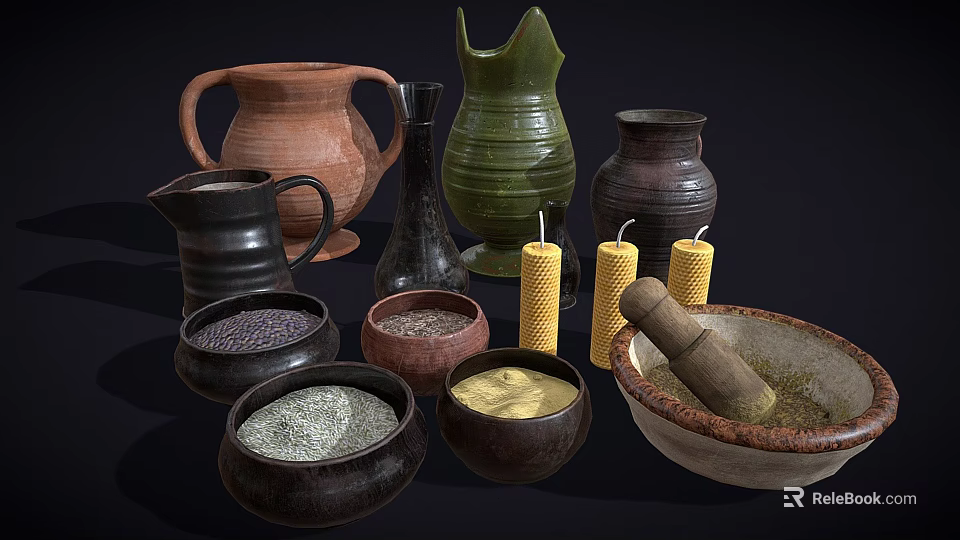 Traditional Household Items With Clay Jugs Ceramic Bowls Spices Yellow Candles And Mortar Pestle 3d model 