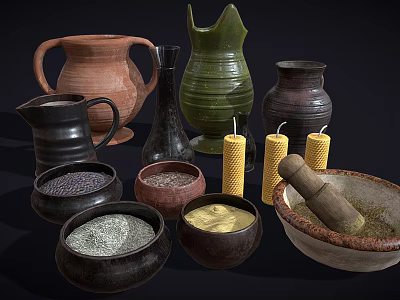Traditional Household Items With Clay Jugs Ceramic Bowls Spices Yellow Candles And Mortar Pestle 3d model