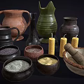 Traditional Household Items With Clay Jugs Ceramic Bowls Spices Yellow Candles And Mortar Pestle