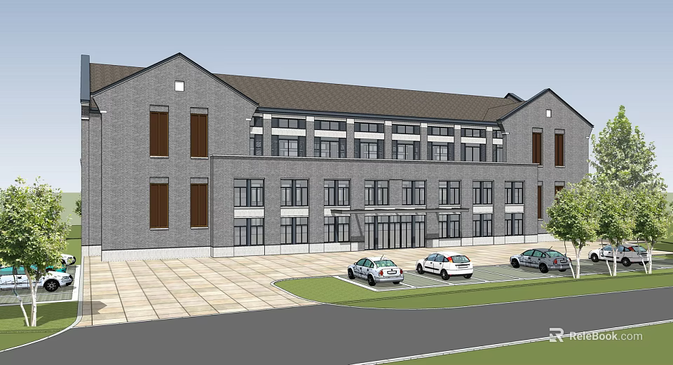 Gray Brick Multi Story Building With Symmetrical Windows Front Parking Area And Trees 3d model 