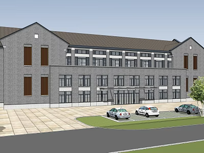 Gray Brick Multi Story Building With Symmetrical Windows Front Parking Area And Trees 3d model