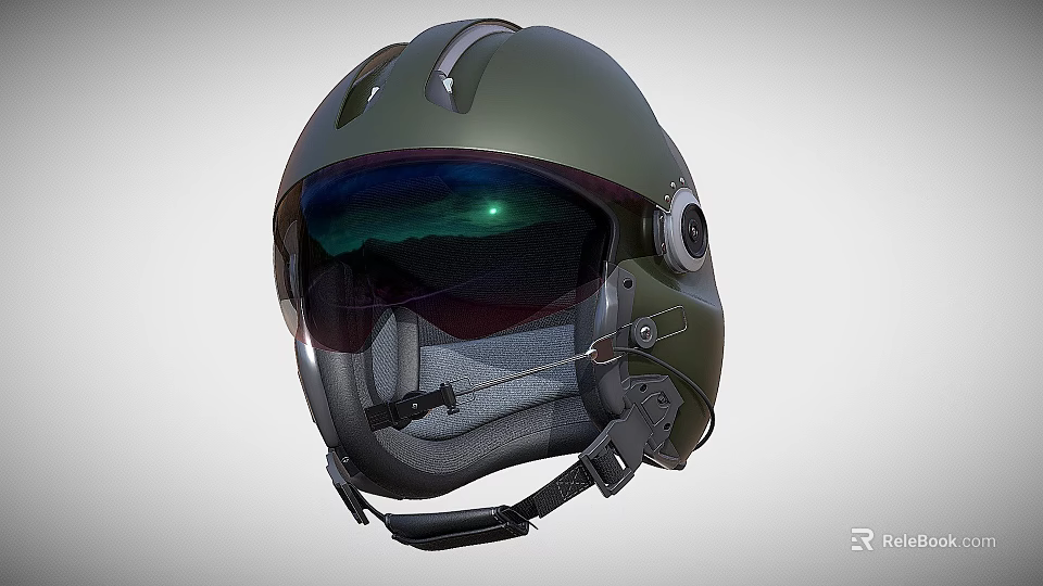 Military Green Aviation Helmet With Reflective Visor Headphones And Safety Straps 3d model 
