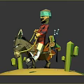 Low Poly Game Character With Green Goggles Riding Donkey In Desert With Cacti And Stones