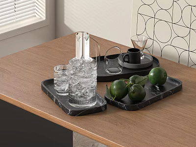 Black Cup On Wooden Table With Black Marble Tray Limes Glass Cups Ice Water Jug 3d model