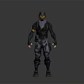 Game Movie Character In Armored Suit With Orange Visor And Tactical Gear