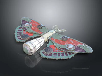 Futuristic Mechanical Moth With Green Red Wings White Cylindrical Engine And Circular Parts 3d model