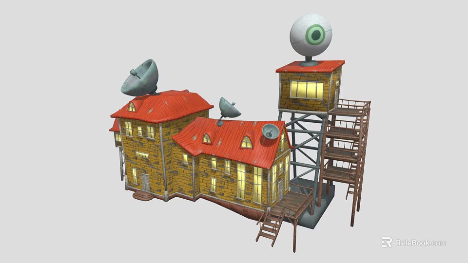 Colorful Cartoon Scene Featuring Yellow Houses Red Roofs Satellite Dishes Tall Tower And Big Eye 3d model 