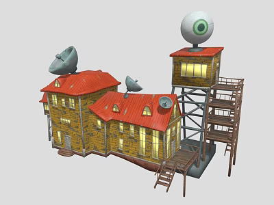 Colorful Cartoon Scene Featuring Yellow Houses Red Roofs Satellite Dishes Tall Tower And Big Eye 3d model