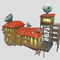 Colorful Cartoon Scene Featuring Yellow Houses Red Roofs Satellite Dishes Tall Tower And Big Eye