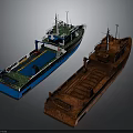 Modern Blue White Green Water Vessel and Rusty Old Ship Watercraft