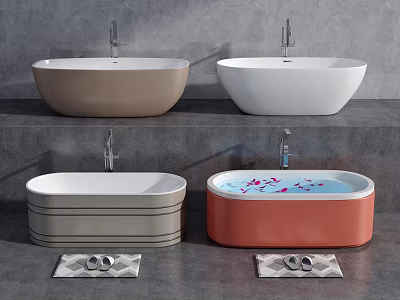 Stylish Freestanding Bathtubs in Brown White Gray Orange with Faucets and Non Slip Mats 3d model
