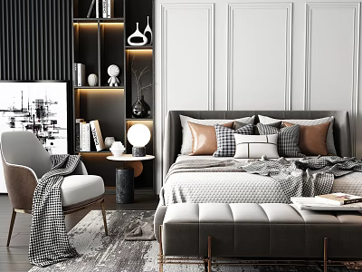 Modern Elegant Bedroom Double Bed With Brown Gray Pillows Armchair Side Table Lamp And Rug 3d model