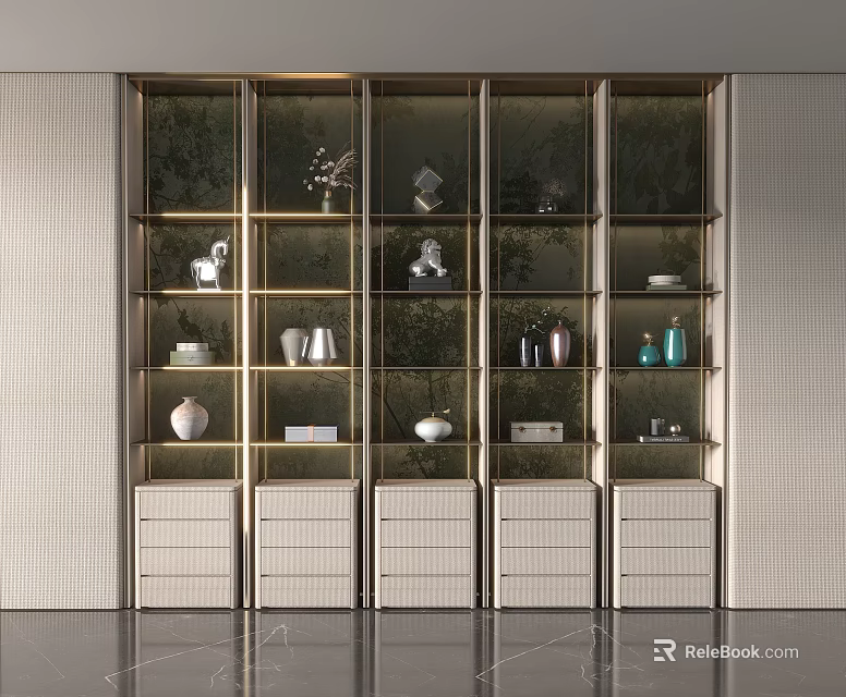 Modern Storage Display Cabinet with Glass Doors Multiple Shelves and Decorative Items 3d model 