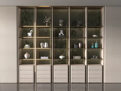 Modern Storage Display Cabinet with Glass Doors Multiple Shelves and Decorative Items 3d model