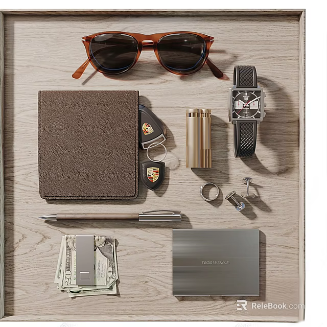 Elegant Men's Accessories Set With Sunglasses Watch Wallet Keychain Lighter Rings Cufflinks And Pen 3d model 