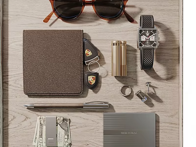 Elegant Men's Accessories Set With Sunglasses Watch Wallet Keychain Lighter Rings Cufflinks And Pen 3d model