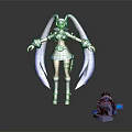 Futuristic Game Character With Blue Long Hair Headphones Black Outfit And Mechanical Weapon