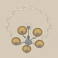 Elegant Ceiling Light Plate with Carved Decoration and Five Off White Spherical Lampshades on White Wall