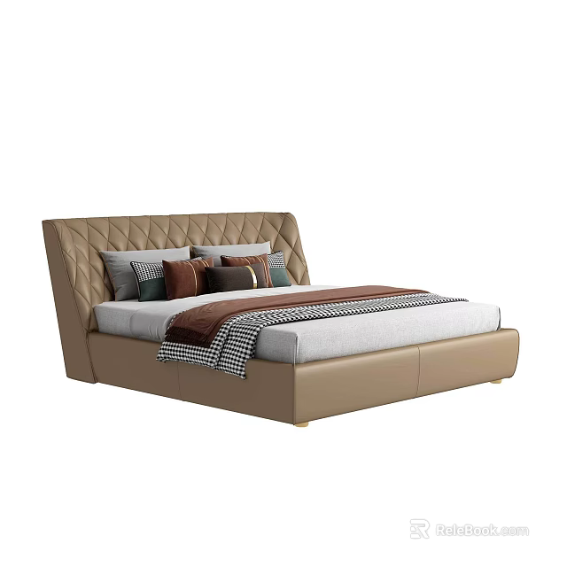 Modern Double Bed Featuring Beige Diamond Stitched Headboard Decorative Pillows and Blanket 3d model