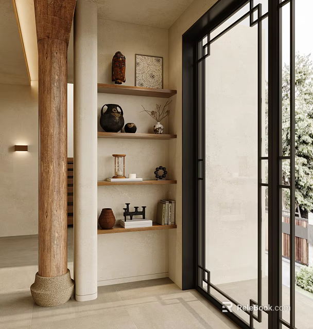 Natural Style Wooden Decorative Cabinet With Display Shelves And Decor Items In Interior 3d model 
