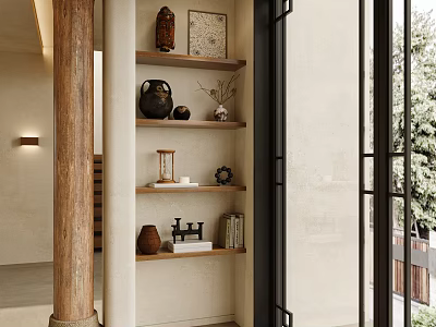 Natural Style Wooden Decorative Cabinet With Display Shelves And Decor Items In Interior 3d model