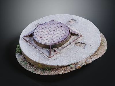 Manhole Cover With Metal Frame On Circular Concrete Base And Mossy Edges 3d model