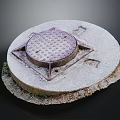 Manhole Cover With Metal Frame On Circular Concrete Base And Mossy Edges