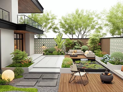 Modern Courtyard Garden With Wooden Deck Lush Greenery Outdoor Sofa Water Feature And Fire Pit 3d model