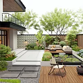 Modern Courtyard Garden With Wooden Deck Lush Greenery Outdoor Sofa Water Feature And Fire Pit