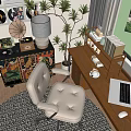 Study Room Interior With Wooden Desk White Chair Laptop Coffee Cup Potted Plant Table Lamp
