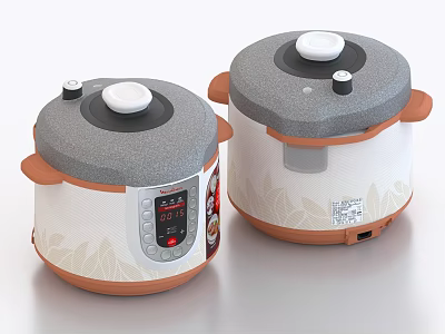 Two Modern Electric Rice Cookers With Gray Lids White Bodies And Orange Handles 3d model