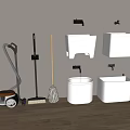 Modern Bathroom Accessories With White Wash Basins Mop Broom Vacuum Cleaner And Wooden Floor