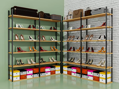 Multi tiered Metal Frame Shoe Rack With Various Shoes And Colorful Storage Boxes 3d model