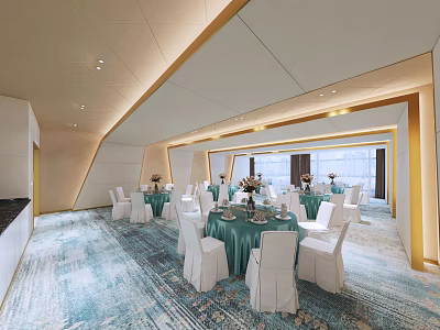 Elegant Modern Restaurant Interior With Round Tables Green Tablecloths White Chairs And Large Windows 3d model