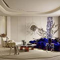 Elegant Modern Living Room Interior With Circular Ceiling Blue Sofa White Armchair And Arched Window