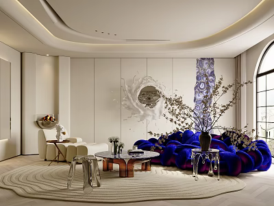 Elegant Modern Living Room Interior With Circular Ceiling Blue Sofa White Armchair And Arched Window 3d model