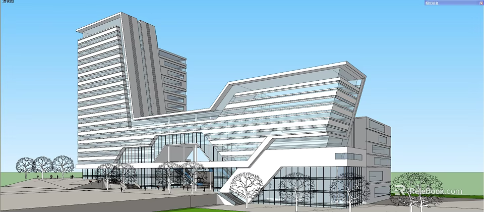 Modern Office Building With Glass Curtain Walls Geometric Design And Street Trees 3d model 
