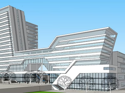 Modern Office Building With Glass Curtain Walls Geometric Design And Street Trees 3d model