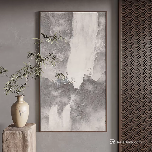 Ink Wash Landscape Painting With Waterfall Bamboo Vase And Traditional Screen 3d model 
