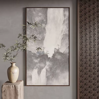 Ink Wash Landscape Painting With Waterfall Bamboo Vase And Traditional Screen 3d model