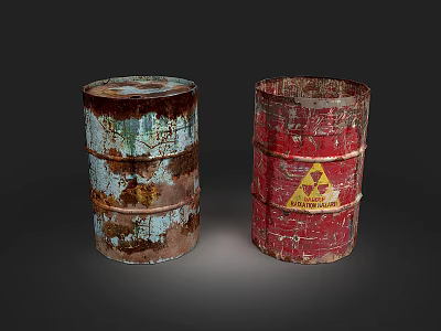 Old Rusty Metal Barrels Blue Brown And Red With Yellow Warning Symbol 3d model
