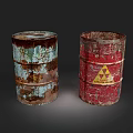 Old Rusty Metal Barrels Blue Brown And Red With Yellow Warning Symbol