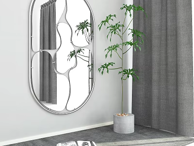 Modern Oval Mirror Hanging On Wall With Tall Green Plant And Gray Curtains 3d model