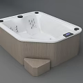 Square Shaped Bathtub With White Interior Wooden Exterior Massage Jets And Wooden Step